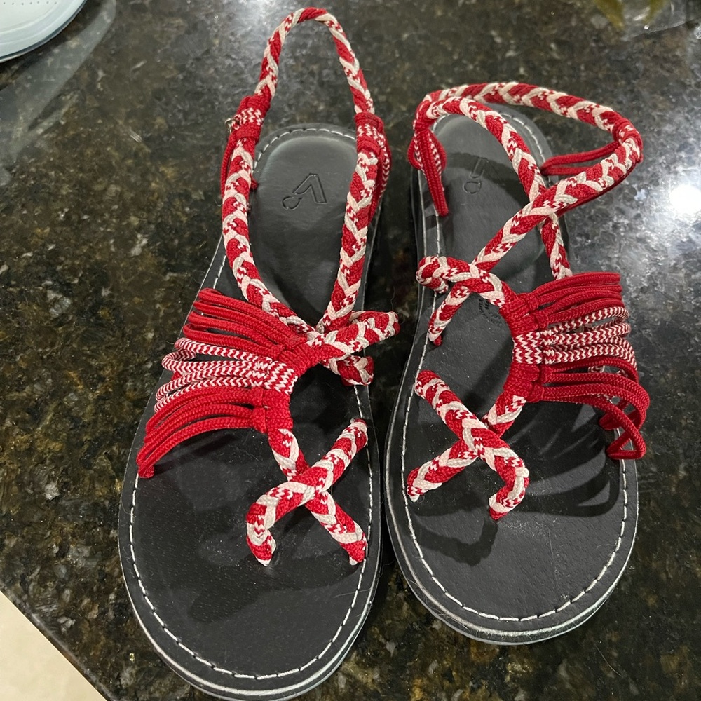 Red and White Vines Strappy Sandals